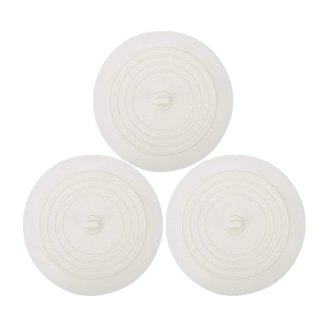 Vaidha Tub Stopper Bathtub Stopper Plug Sinks Hair Stopper Flat Cover, a set of three round, white stoppers designed as bathroom faucet accessories. Each stopper features a flat contoured base and tapered edges for a secure seal, measuring 6 inches (15 cm) in diameter. Suitable for use in kitchens, bathrooms, and laundry areas, made of durable material with a soft texture for surface adhesion.