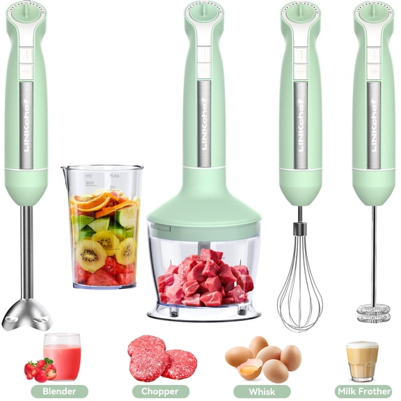 LINKChef Mélangeur à Immersion, 20 Vitesses 1000 W 5-en-1 Mélangeur à Main à Immersion, Mélangeur à Bâton avec Mode Turbo, Robot pour Aliments pour Bébé avec Hachoir, Mélangeur pour la Cuisine avec Bécher de 600 ml (Vert)