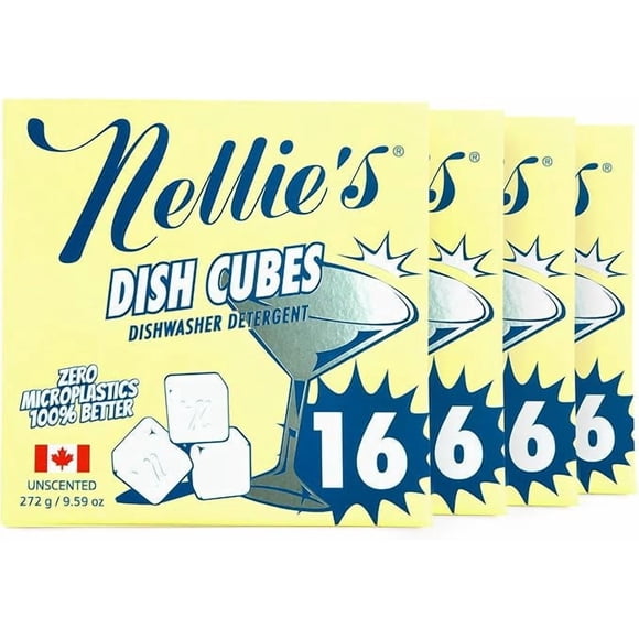 Nellie's Dish Cubes - 64 pack (4 boxes of 16 packs) - Eco-Conscious Dishwasher Detergent - Less Plastic - Convenient and Space-Saving - Effective on Grease and Grime - (Made in Canada)
