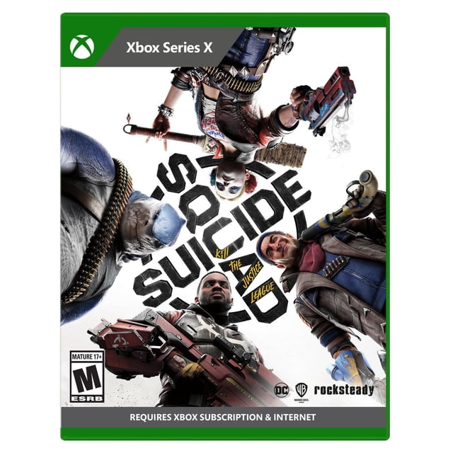 Suicide Squad: Kill the Justice League Xbox Series X game cover featuring four armed characters arranged around the bold black and yellow title text on a white background, with DC, Warner Bros., Rocksteady logos, and ESRB Mature 17+ rating.
