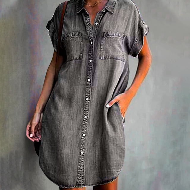 SMihono Robe Maxi Bohème d'Été pour Femmes Grande Taille Robe pour Femmes Mode Manches Courtes Ajustée Couleur Unie Robe Imitation Denim Robe de Plage Évasée