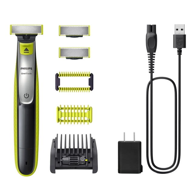 Philips OneBlade Shaver Face+Body, an electric foil shaver with dual-sided blade, skin guard, body comb, and 5-in-1 adjustable comb. Includes USB charging cable, power adapter, and two bonus blades. Suitable for wet and dry use, featuring a long-lasting Li-ion battery with 60 minutes of runtime and 4-hour charge time. Water-resistant for easy cleaning.