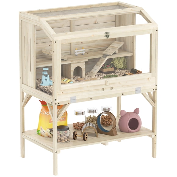 PawHut Wooden Hamster Cage with Openable Top, Transparent Panels, Natural