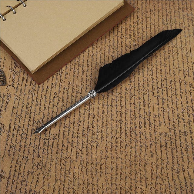 Langgg Retro Leather Notebook + Fountain Pen Feather Dip Pen Ink Bottle Set Stationery Gift Box Black