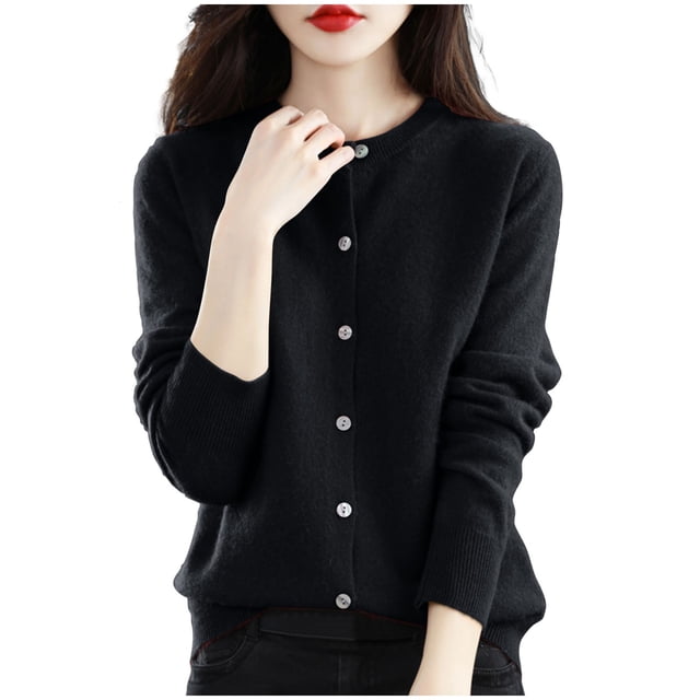 cfhntfmh Cardigan pour Femmes à Manches Longues, Hauts Doux, Col Ras du Cou, Uni, Manteau Chandail à Boutons, Automne 2024