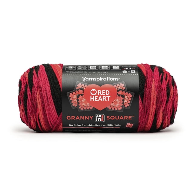 Red Heart® All In One Granny Square™ #4 Worsted Acrylic Yarn 8.8oz/250g 417 Yards skein with variegated red, pink, and black colors, featuring a black label with the Red Heart logo and granny square crochet pattern, designed for easy multi-color granny square projects with fewer ends to weave in.