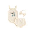 thumbnail image 1 of FOCUSNORM Baby Girl Summer Outfits Waffle Flower Embroidered Sleeveless Romper Ruffles Shorts Headband 3Pcs Clothes Set, 1 of 9