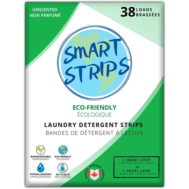 Smart Strips™ Laundry Detergent Strips (38 Loads) in unscented, eco-friendly packaging. The hypoallergenic, plastic-free, and compostable laundry sheets are designed for sensitive skin. The front of the package highlights features such as biodegradable, vegan, cruelty-free, and phosphate-free. A Canadian company logo is displayed at the bottom, emphasizing sustainability and recyclability.