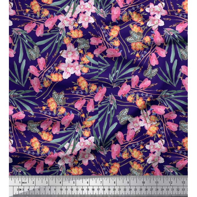 Soimoi Modal Satin Fabric & Orchids Floral Printed Fabric 1 Yard 42 Inch Wide