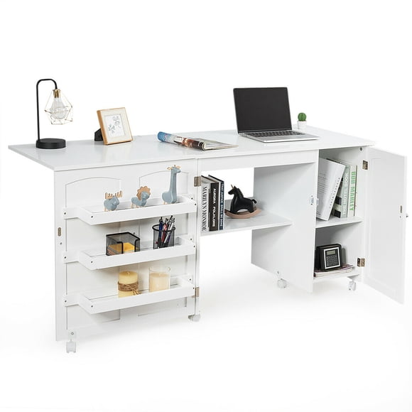 Gymax Folding Sewing Table Shelves Storage Cabinet Craft Cart W/Wheels Large White