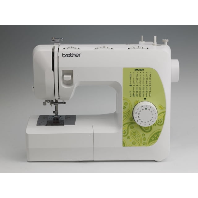 Brother BM2800 Mechanical Sewing Machine in white with a green paisley-patterned stitch selection panel, featuring 27 built-in stitches, a large dial for stitch functions, automatic needle threader, and 1-step buttonholer, shown from a front-left angle on a neutral background.