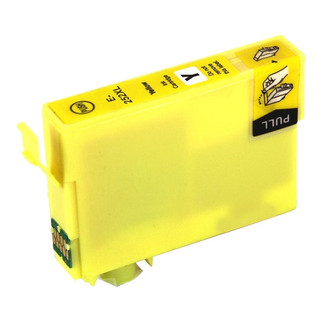 L-ink Compatible Epson 252XL Yellow Ink Cartridge (T252XL420) shown in a close-up angled view with yellow plastic casing, visible chip contacts, and a pull tab with printed instructions, compatible with Epson Workforce printers and offering clear, crisp print quality.