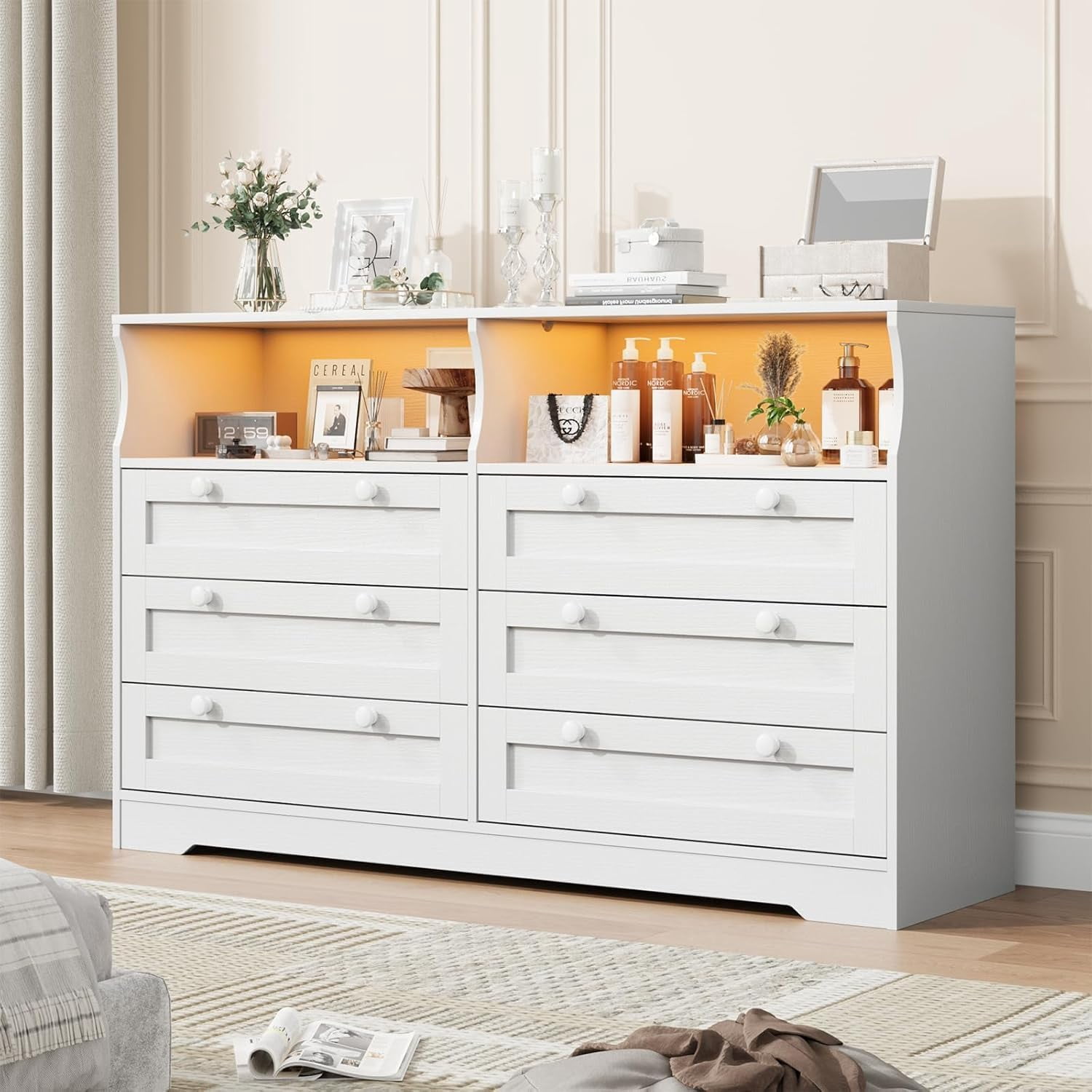 6 Drawer Dresser with RGB LED Lights and Power Outlet 55In Double Row Chest of Drawers for Bedroom Living Room White