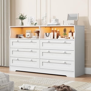 6 Dresser Dresser avec RGB LED Lumières et sortie de puissance 55In Double rangée de tiroirs pour chambre à coucher salon blanc