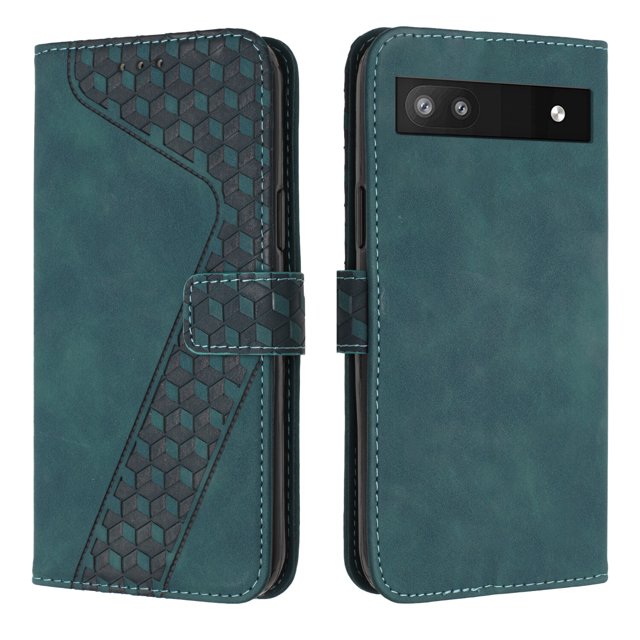 Compatible with Google Pixel 6A Case Wallet Design with Card Slots Magnetic Closure Cover. This premium PU leather wallet case features a teal finish with a geometric pattern on the front flap. It includes three card slots, a money pocket, and a detachable wrist strap for convenience. The magnetic closure ensures security for your belongings, while the durable flip design provides full-frame protection against scratches, drops, and dust. The case also includes a kickstand function for hands-free viewing and precise cutouts for easy access to all ports and buttons.