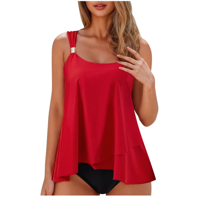 Flowy Ruffle Tankini Swimsuits for Women Beach Summer 2 Piece High Waist Bathing Suits Pool Modest Swimwear Red, XL