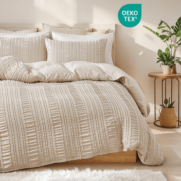 JOLUSERE Khaki Soft Breathable Striped Textured Duvet Cover Bedding Queen Size