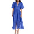thumbnail image 1 of Mikilon Robes d'Été pour Femmes Ensemble Jupe Aguichant Robe à Carreaux à Manches Courtes Lanterne Aguichant à Col en V Profond Robes Gaine Mode Décontractée Taille Haute Unie Robe de Soirée avec Fente Bleu-B L, 1 of 6