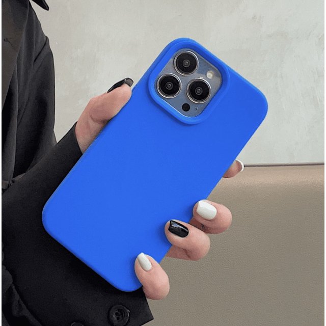 Phone Case for iPhone 15 Plus Pro Max and iPhone 14 Pro Max by MODERN GOOSE, shown in a vibrant blue silicone material. The case features a smooth finish and precise cutouts for the camera and buttons, designed to protect against drops and scratches. Compatible with iPhone 14 and 15 Plus Pro Max models.