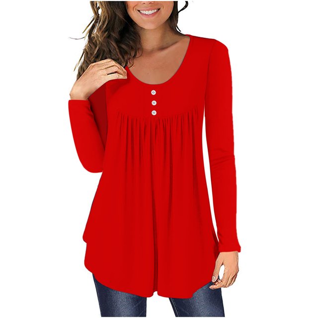 FAIWAD Tunique à Manches Longues pour Femmes Col Rond Boutons Basique Plissé Patchwork Pull