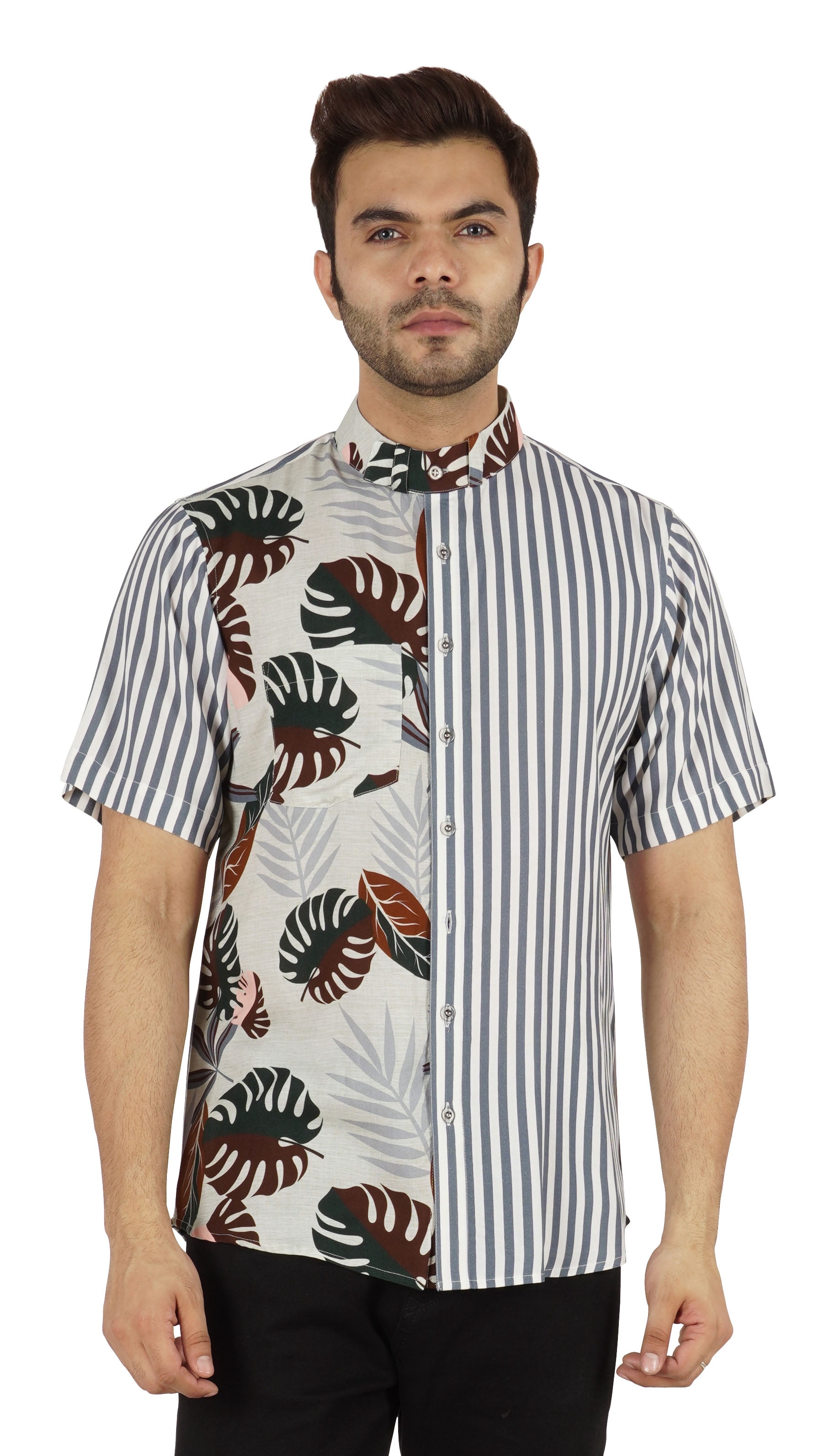 Inkmeso Regular Fit Designer Mandarin Collar Shirt For Men's Printed Patch Pocket Shirts
