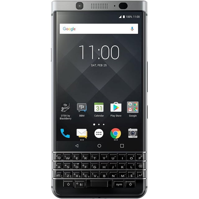 BlackBerry KEYone (Argent) Téléphone Intelligent Android Déverrouillé avec Connectivité 4G LTE et Stockage de 32 Go, Montré dans une Vue Orientée vers l'Avant. Comprend un Écran Tactile de 4,5 Pouces avec Corning Gorilla Glass 4, un Clavier QWERTY Physique avec navigation Tactile, et un Cadre en Aluminium Anodisé avec un Dos à Toucher Doux Texturé. Alimenté par un Processeur Snapdragon avec Vitesse de 2 GHz, 3 Go de RAM, et Système d'Exploitation Android 7.1. Comprend une Batterie de 35