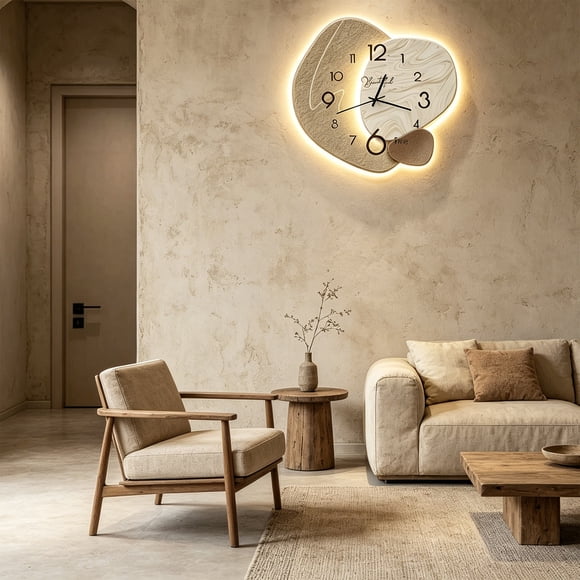 Modern Wall Clock for Living Room Decor - Silent Non-Ticking Quartz Hanging Clock with LED Light