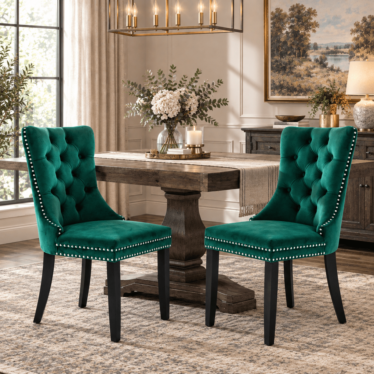 Homy Casa Green Velvet Tufted Dining Chairs Set of 2 with Solid Wood Legs and Nailhead Trim