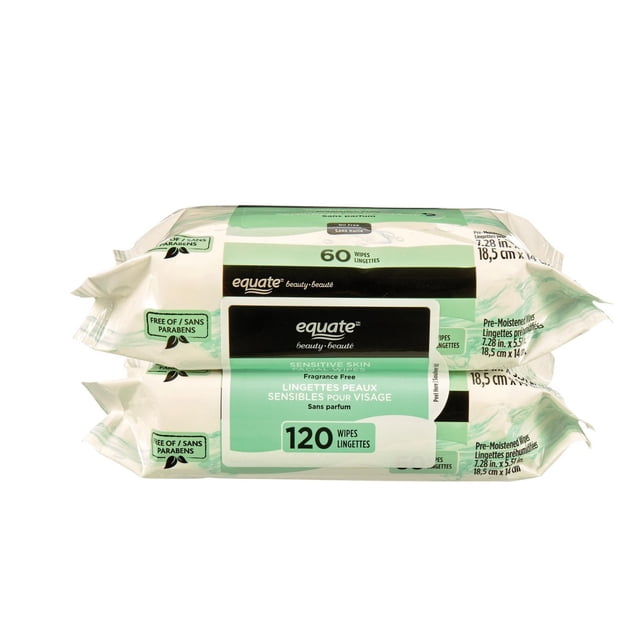 Equate Beauty Sensitive Skin Facial Wipes 120CT featuring two stacked packs with green and white packaging, each containing 60 fragrance-free, paraben-free pre-moistened wipes sized 7.28 by 5.51 inches, ideal for gentle daily cleansing and makeup removal on sensitive skin.