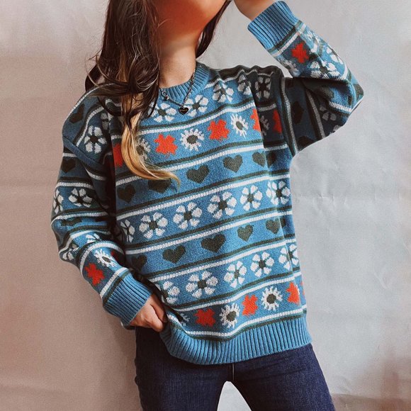 EGNMCR Round-Neck Sweater for Women, Sweater for Women Ladies Cute Flower Heart Round Neck Long Sleeve Knit Sweater Women's Short Sweater Women's Top Women Sweater