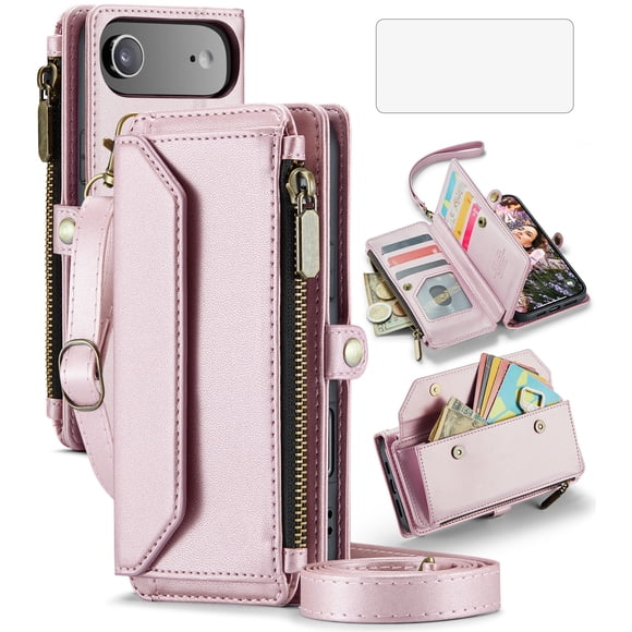 Asuwish Compatible avec iPhone 17 Air Étui Portefeuille à Fermeture Éclair de 6,5 Pouces pour Téléphone, Protecteur d'Écran en Verre Trempé, Sangle Bandoulière Lanière, Porte-Cartes à Rabat, Fente, Étui Cellulaire pour i Phone17Air 17Air Femmes Or Rose