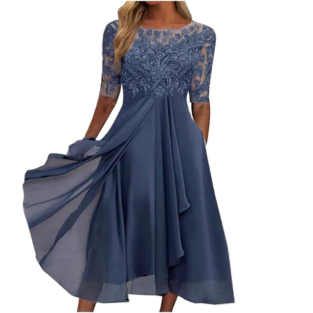WTXUE Robes pour Femmes 2024, Robe Mi-Longue en Broderie Dentelle Chiffon pour Femme, Robe Simulée, Robe Bleue Femme, 1# Bleu G