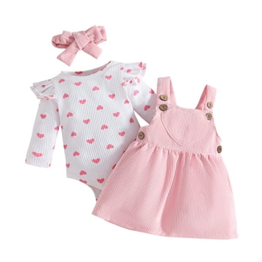 BLVB Tenue de la Saint-Valentin pour Nouveau-Née Fille, Barboteuse Côtelée à Volants à Manches Longues avec Imprimé de Cœurs, Jupe Salopette en Velours Côtelé, Robe avec Bandeau, Vêtements d'Automne
