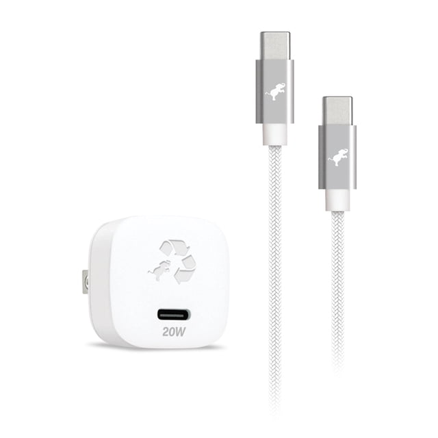 Nimble 20W Bundle with USB-C to USB-C Cable White featuring a compact white 20W USB-C Power Delivery wall charger with a recycling symbol and a 1-meter white braided USB-C to USB-C cable with silver connectors and a small white logo, ideal for fast charging tablets, smartphones, and portable devices.