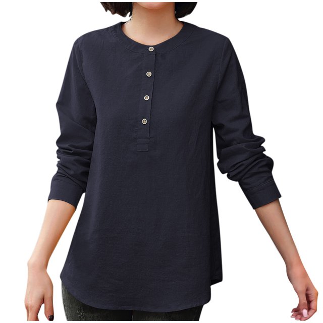 Timegard Blouse pour Femmes Ample Légère Manches Longues Bouton Col Rond Chemises Décontractées pour Bureau