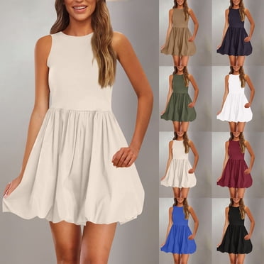 Meichang Summer Dresses for Women Casual Sleeveless Tank Mini Short Dress Crew Neck Bubble Sundress A-Line Wedding Guest Tank Dress
