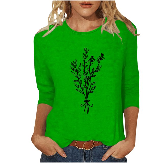 HKEJIAOI Chandail à Col Rond pour Femmes, Manches 3/4, T-Shirts Graphiques Mignons avec Fleurs, Haut d'Été Décontracté, A-Green m