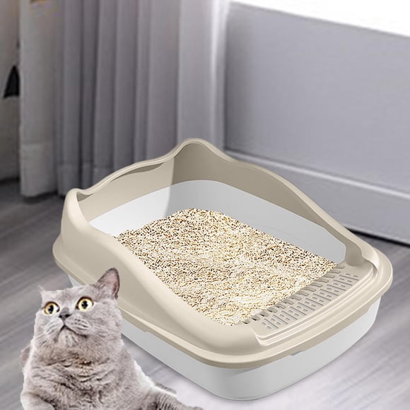 Bac à Litière Ouvert pour Chats d'Intérieur, Anti-Éclaboussures, Plateau à Litière pour Animaux, Blanc Crème 15x12x6 Po