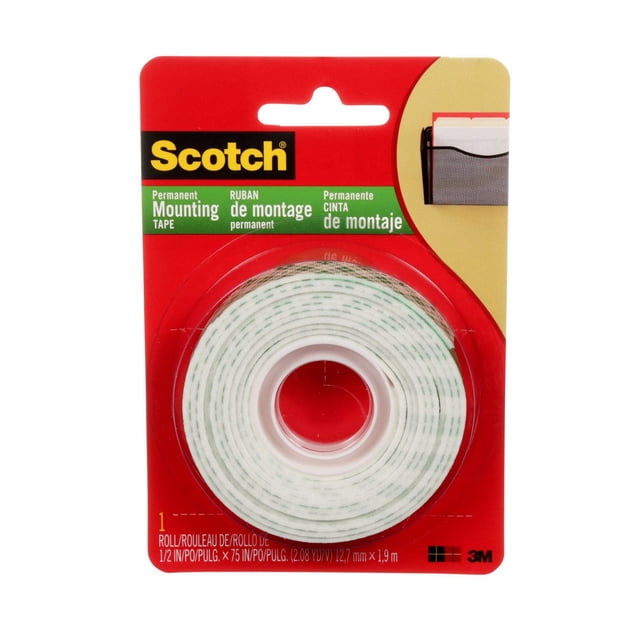 Scotch ® Mounting Tape 110-ESF in red and yellow packaging showing a white double-coated foam tape roll with green printed text, designed for permanent indoor mounting on smooth surfaces, holding up to 10 lbs and measuring 12.7 mm by 1.9 m, also suitable for mounting lightweight decor without tools.