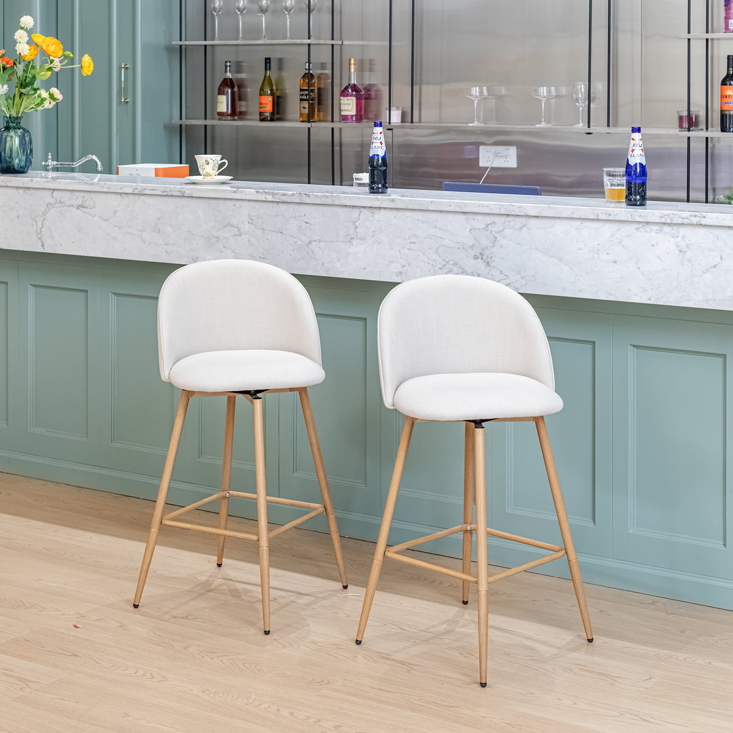 Ensemble de 2 tabourets de bar modernes Homy Casa avec revêtement en tissu et pieds en bois - Hauteur du siège : 66 cm