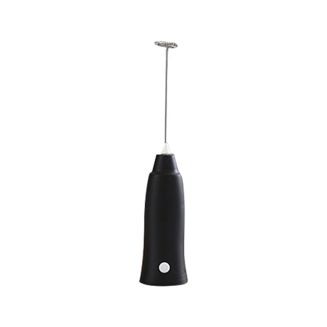 Jovati Mini Electric Hand-Held Milk Beater, Stainless Steel, with a black ergonomic handle and stainless steel whisk attachment. Perfect for creating foam for coffee, hot chocolate, and matcha, this lightweight and portable hand mixer features an easy-to-use on/off button. Suitable for modern kitchens and powered by 2 AA batteries (not included).