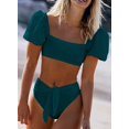 thumbnail image 2 of Womens Cute Solid Bubble Sleeves High Waisted Two Piece Bikini Swimsuit,Green,L, 2 of 4