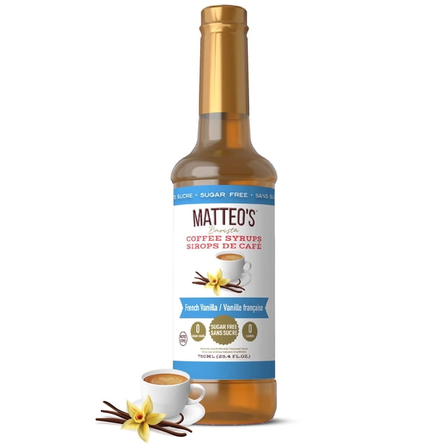 Matteo's Barista Style Sugar Free Coffee Syrup in French Vanilla flavor, displayed in a 750ml (25.4 fl. oz.) bottle. The label highlights its sugar-free, zero-calorie, and keto-friendly features, with bilingual text in English and French. The bottle is accompanied by a cup of coffee and vanilla pods, emphasizing its use as a coffee flavoring syrup. Suitable for enhancing coffee, tea, desserts, and more.