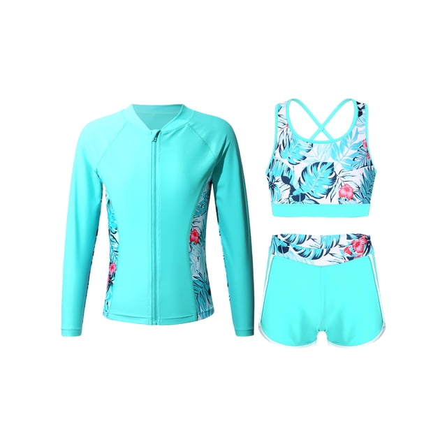 Manyakai 3Pcs Girls Tankini Rashguard Swimsuit Set Long Sleeve Swim Shirt Crop Top with Swim Trunk Green 16