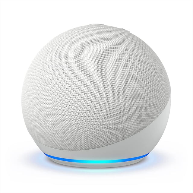 All-New Echo Dot (5th Gen, 2022 release) | Smart speaker with Alexa | Glacier White compact spherical smart speaker in Glacier White with textured fabric finish, top touch controls and Alexa voice control for music, timers and smart-home commands; suitable as a bedside alarm or white-noise player.