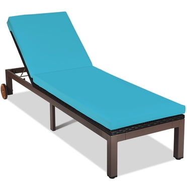 Topbuy Chaise Longue d'Extérieur en Rotin Coussinée - Ensemble de 1, Turquoise
