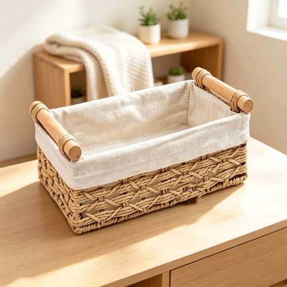 Hand Woven Storage Basket with Wooden Handles, 8.5x5.9x3.2in, Decorative Paper Rope Basket for Shelves, Bathroom, Kitchen, Closets, Countertop, Farmhouse Home Organization