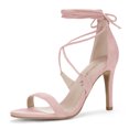 thumbnail image 1 of BLISSFUL STEP Chaussures pour Femmes Sandales à Talon Aiguille Haut à Bride Cheville à Nouer Bout Ouvert en Faux Suède Rose Pâle 7, 1 of 7
