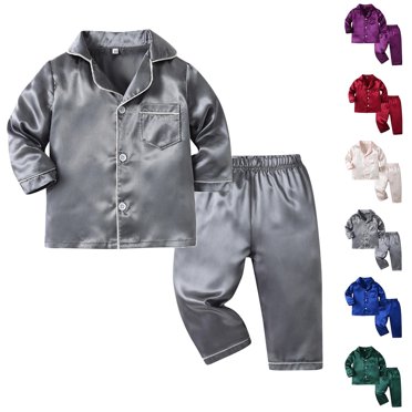 Tranfacy Kids Pajamas Two Piece Sets Solid Color Long Sleeve Casual Top Elastic Waist Pants Soft Home Wear Loungewear for Children