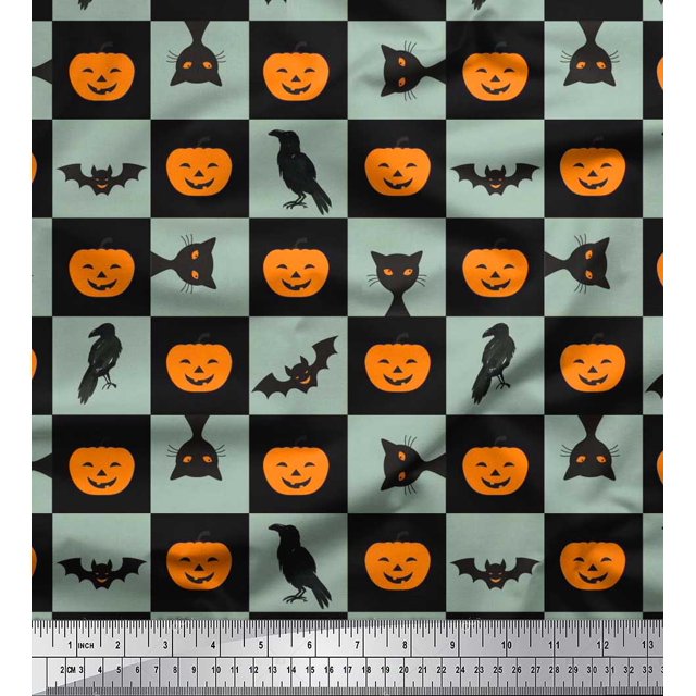 Soimoi Poly Georgette Fabric Pumpkin,Cat & Bat Halloween Decor Fabric Printed Yard 42 Inch Wide